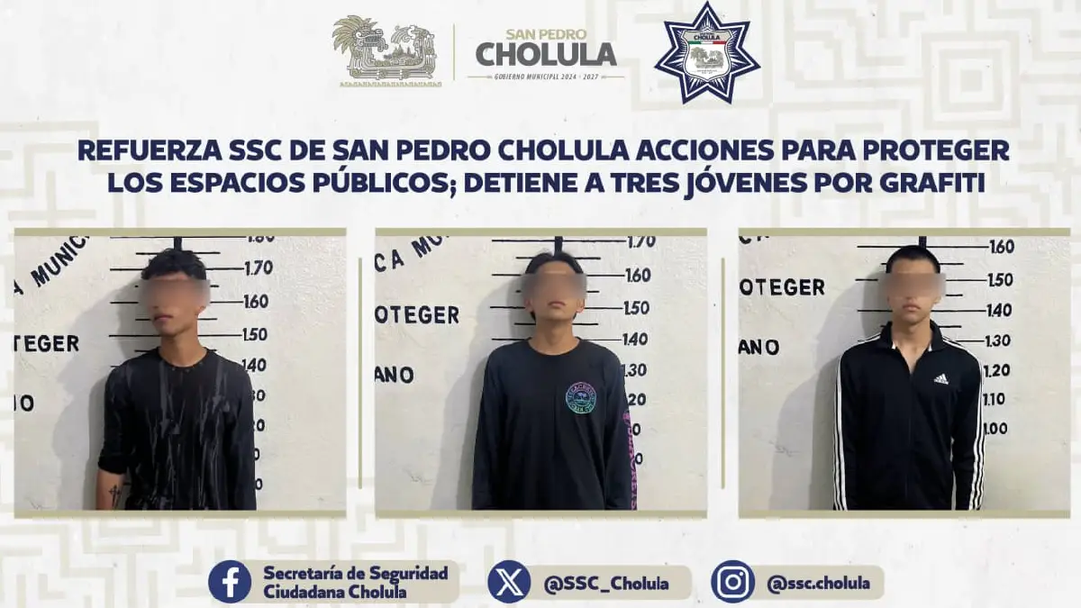 Refuerza SSC de San Pedro Cholula acciones para proteger los espacios públicos; detiene a tres jóvenes por grafitis