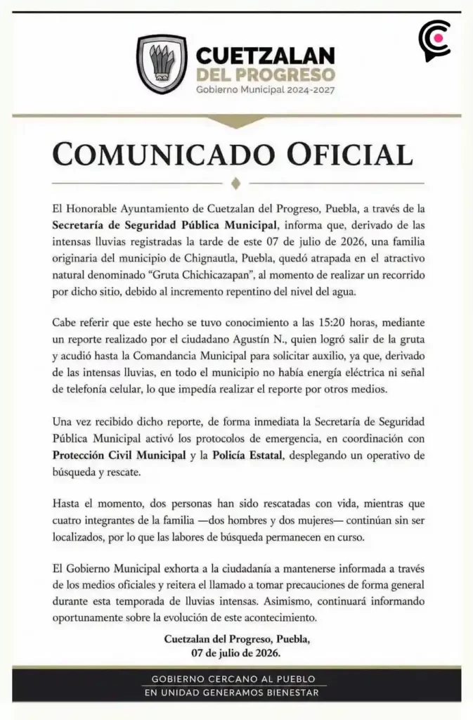 Familia queda atrapada en gruta de Cuetzalan; rescatan dos con vida, buscan a cuatro personas más