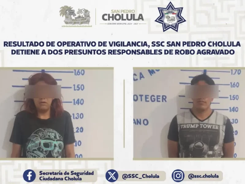 Resultado de operativo de vigilancia, SSC de San Pedro Cholula detiene a dos presuntos responsables de robo agravado