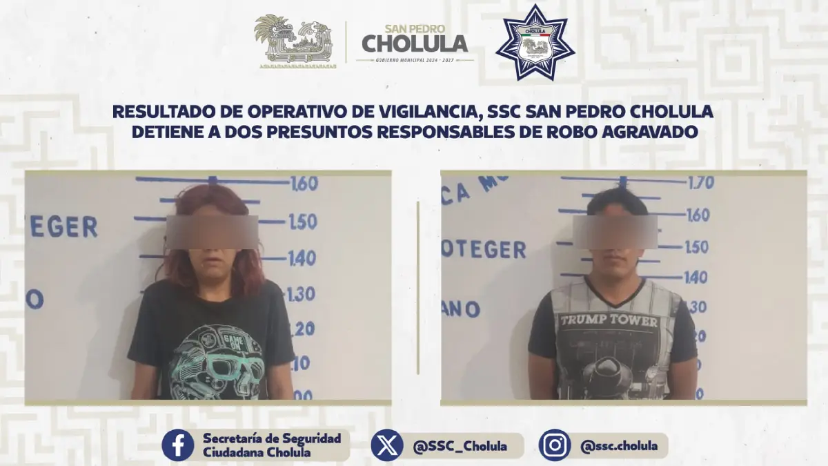 Resultado de operativo de vigilancia, SSC de San Pedro Cholula detiene a dos presuntos responsables de robo agravado