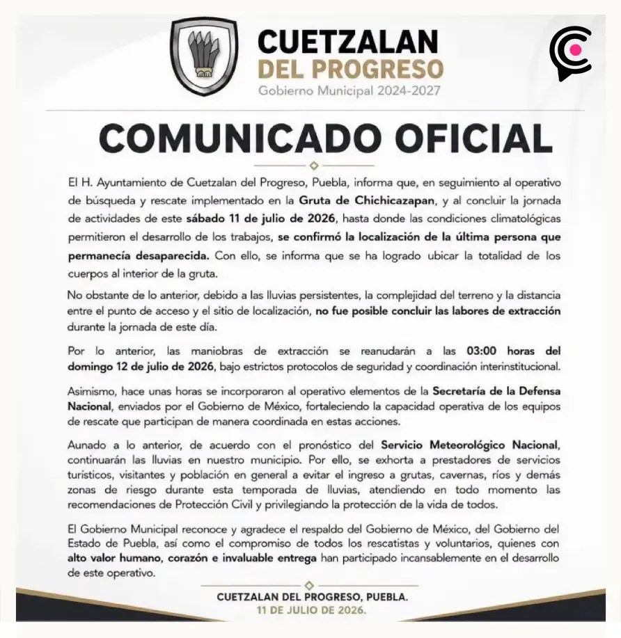 Encuentran al último integrante de la familia desaparecida en gruta de Cuetzalan, Puebla