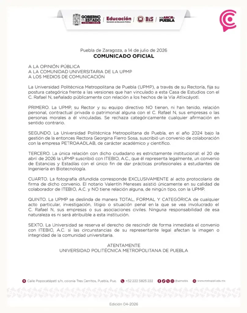 Universidad Politécnica Metropolitana de Puebla niega vínculos con “Tirador de la Atlixcáyotl”