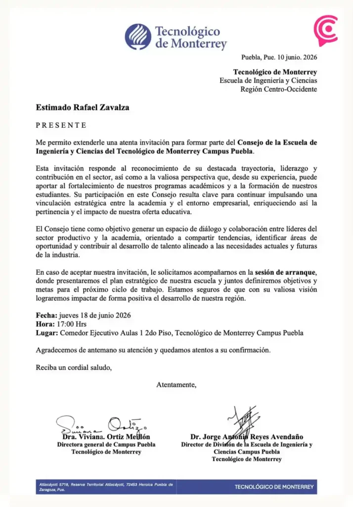 "Tirador de Atlixcáyotl" es miembro del Consejo de Ingeniería del Tec de Monterrey Puebla