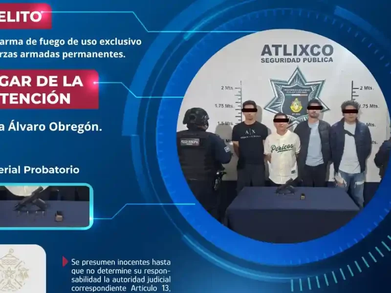 Aseguran a 4 en Atlixco; cargaban arma de uso exclusivo