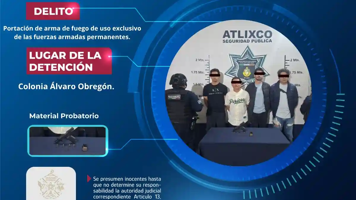 Aseguran a 4 en Atlixco; cargaban arma de uso exclusivo