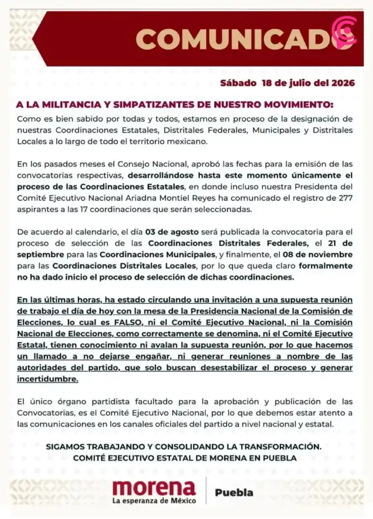 Morena Puebla se deslinda de falsa convocatoria de reunión con aspirantes municipales